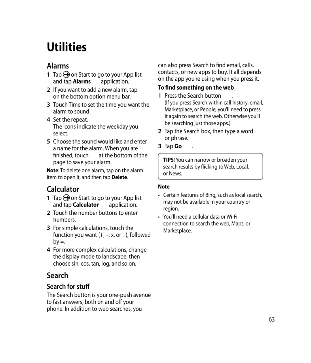 LG Electronics C900B manual Utilities, Alarms, Calculator, Search for stuff 