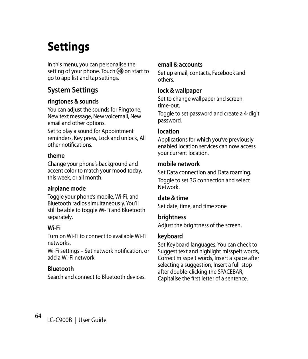 LG Electronics C900B manual System Settings 