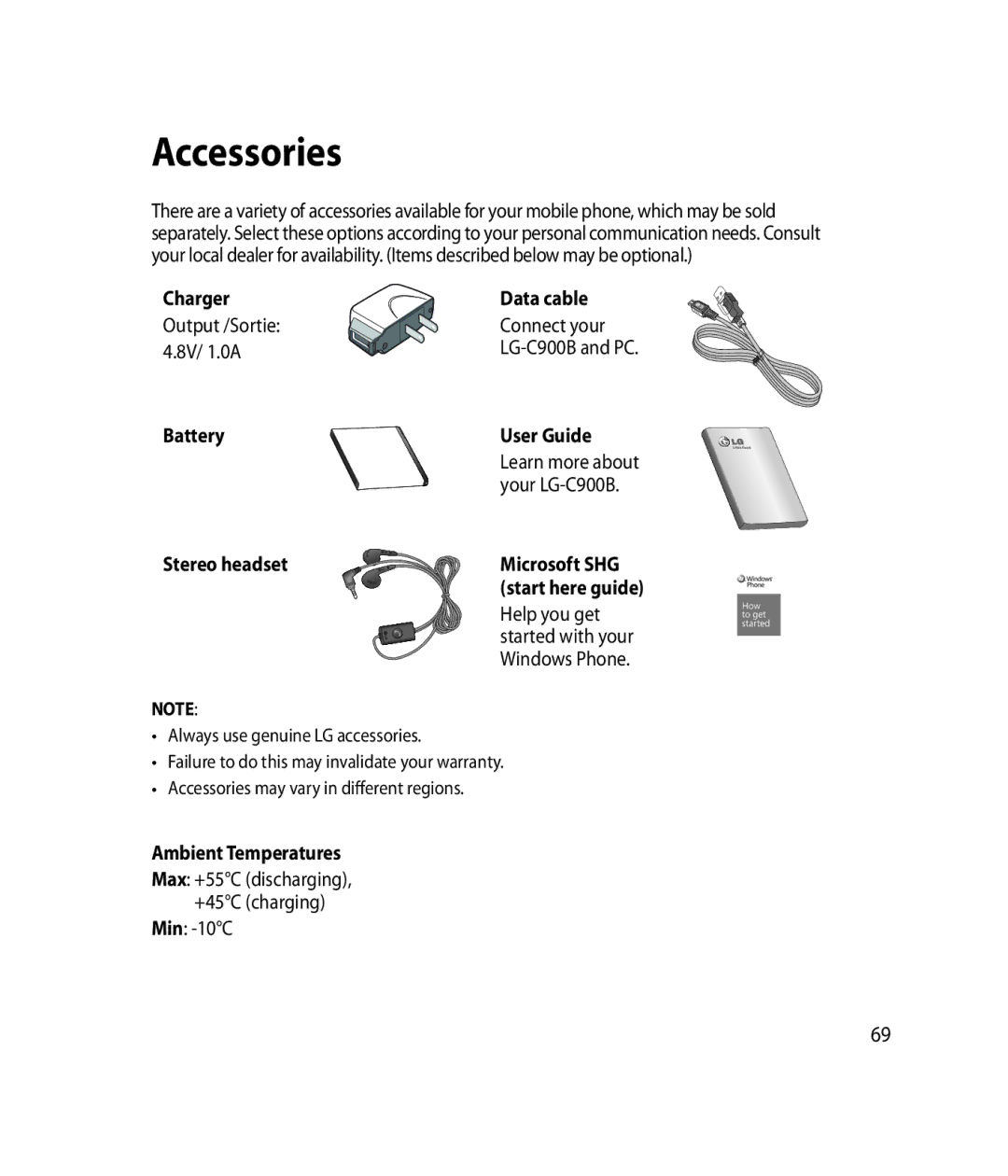 LG Electronics C900B manual Accessories, Charger Data cable, Battery User Guide, Stereo headset Microsoft SHG 