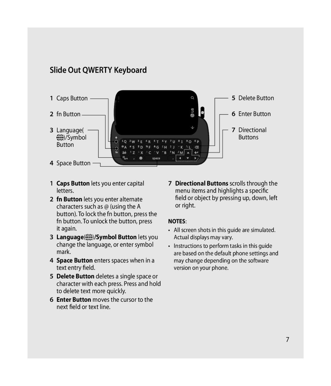 LG Electronics C900B manual Slide Out Qwerty Keyboard, Space Button enters spaces when in a text entry field 