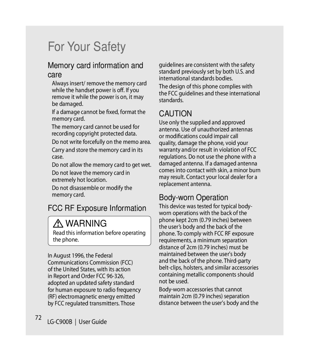 LG Electronics C900B For Your Safety, Memory card information and care, FCC RF Exposure Information, Body-worn Operation 