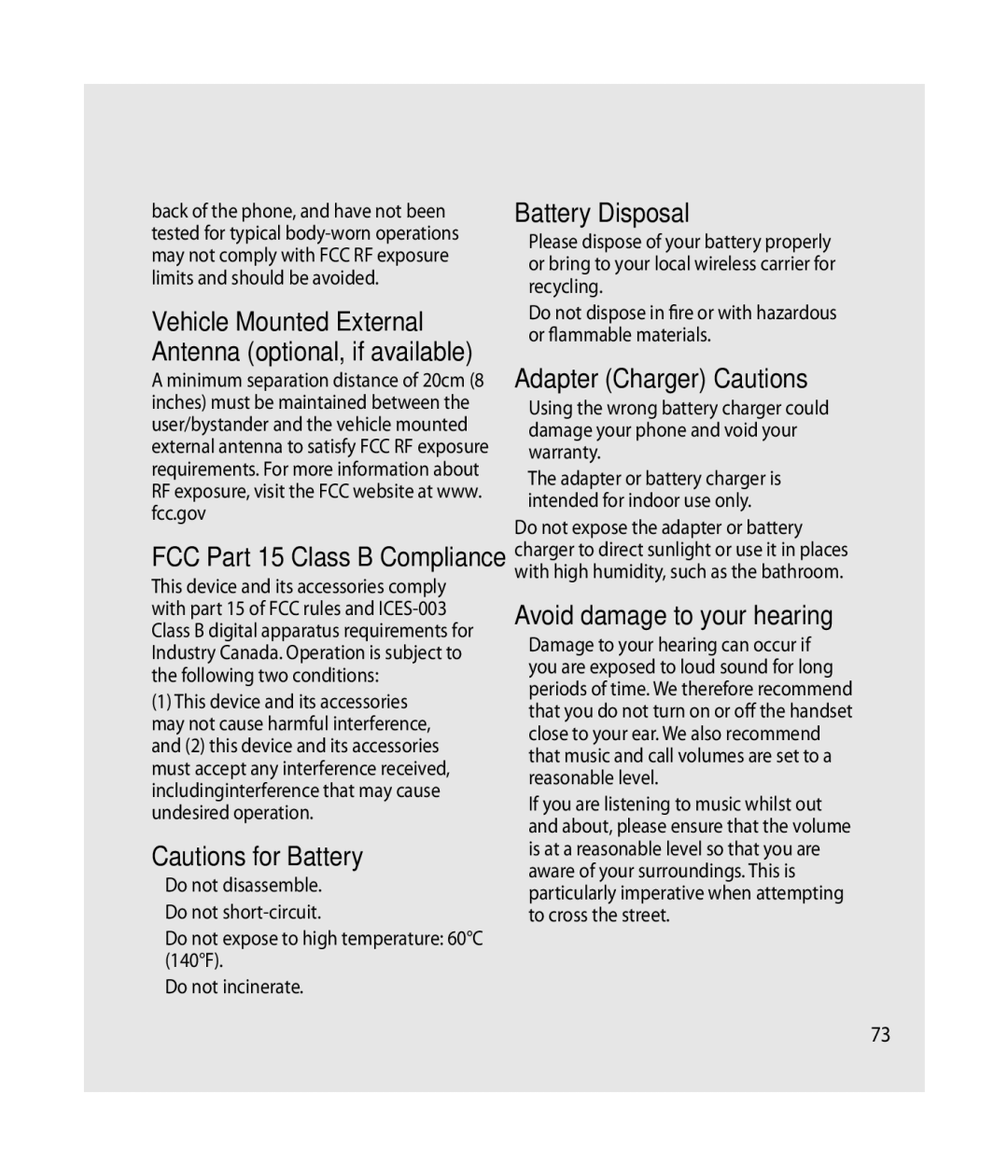 LG Electronics C900B manual Battery Disposal, Adapter Charger Cautions, Avoid damage to your hearing 