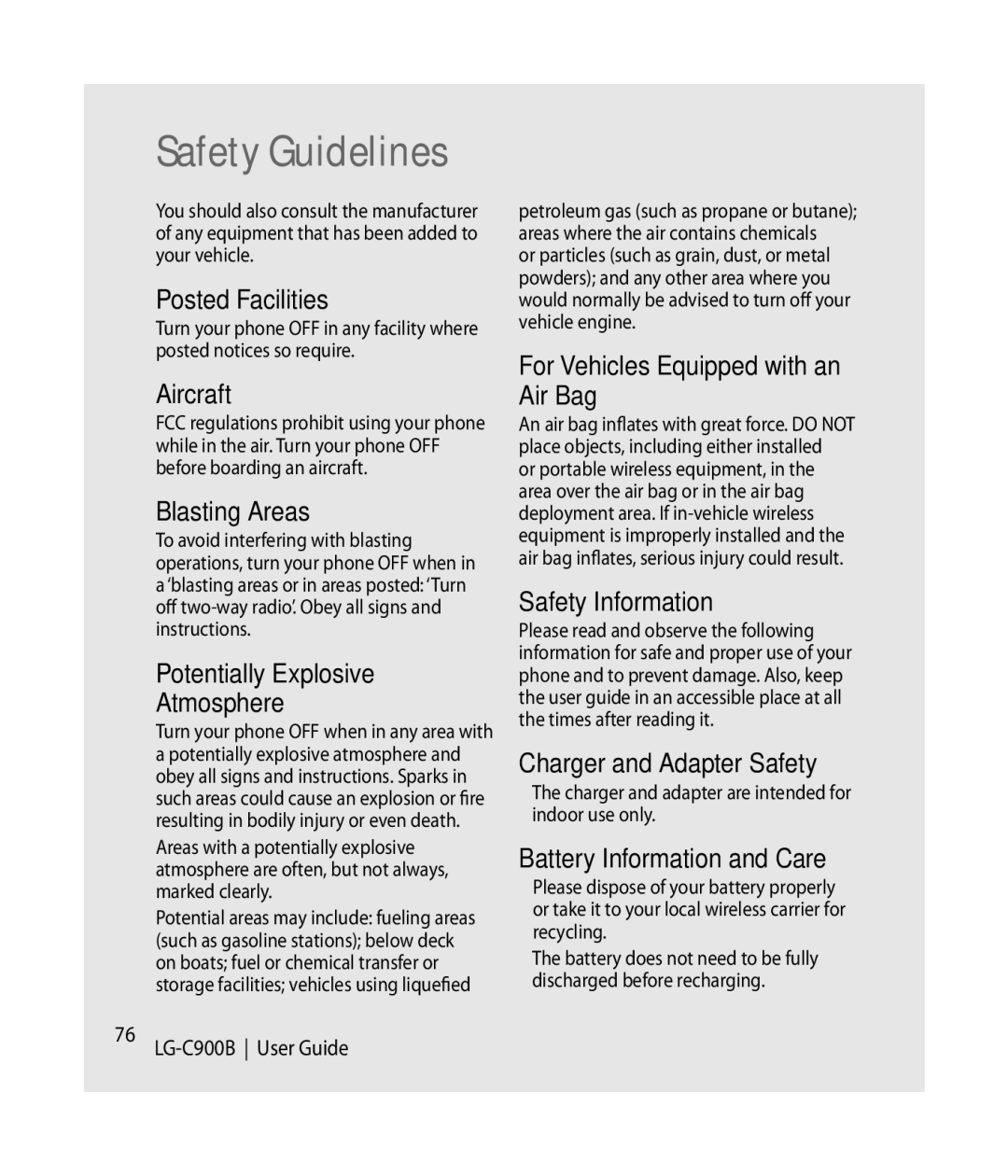 LG Electronics C900B manual Safety Guidelines 