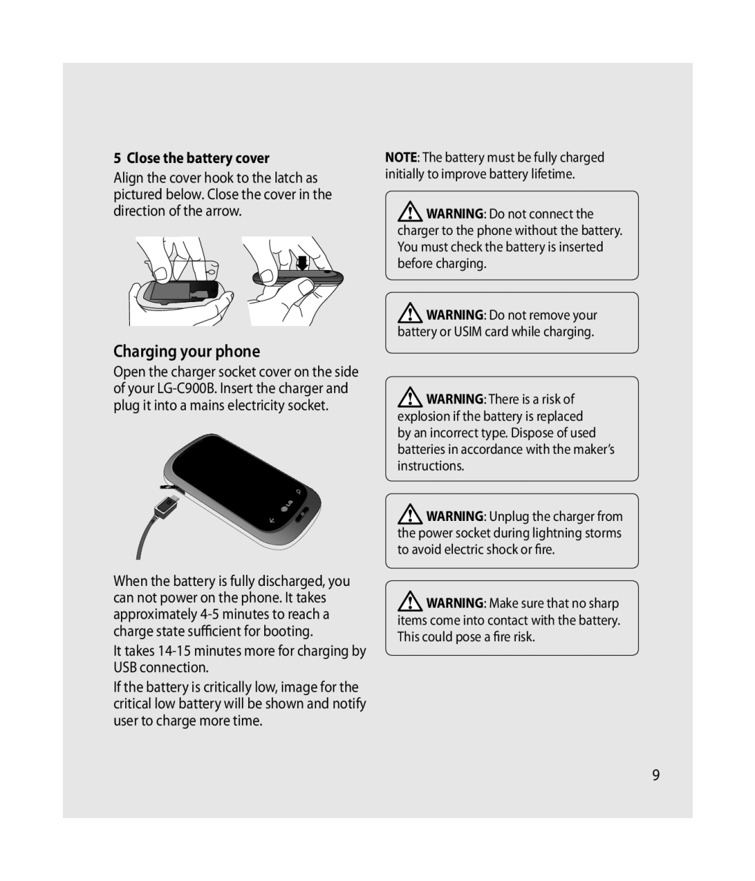 LG Electronics C900B manual Charging your phone, Close the battery cover 