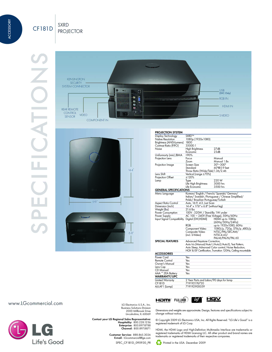 LG Electronics CD181D manual General Specifications, Accessories, Warranty/Upc 