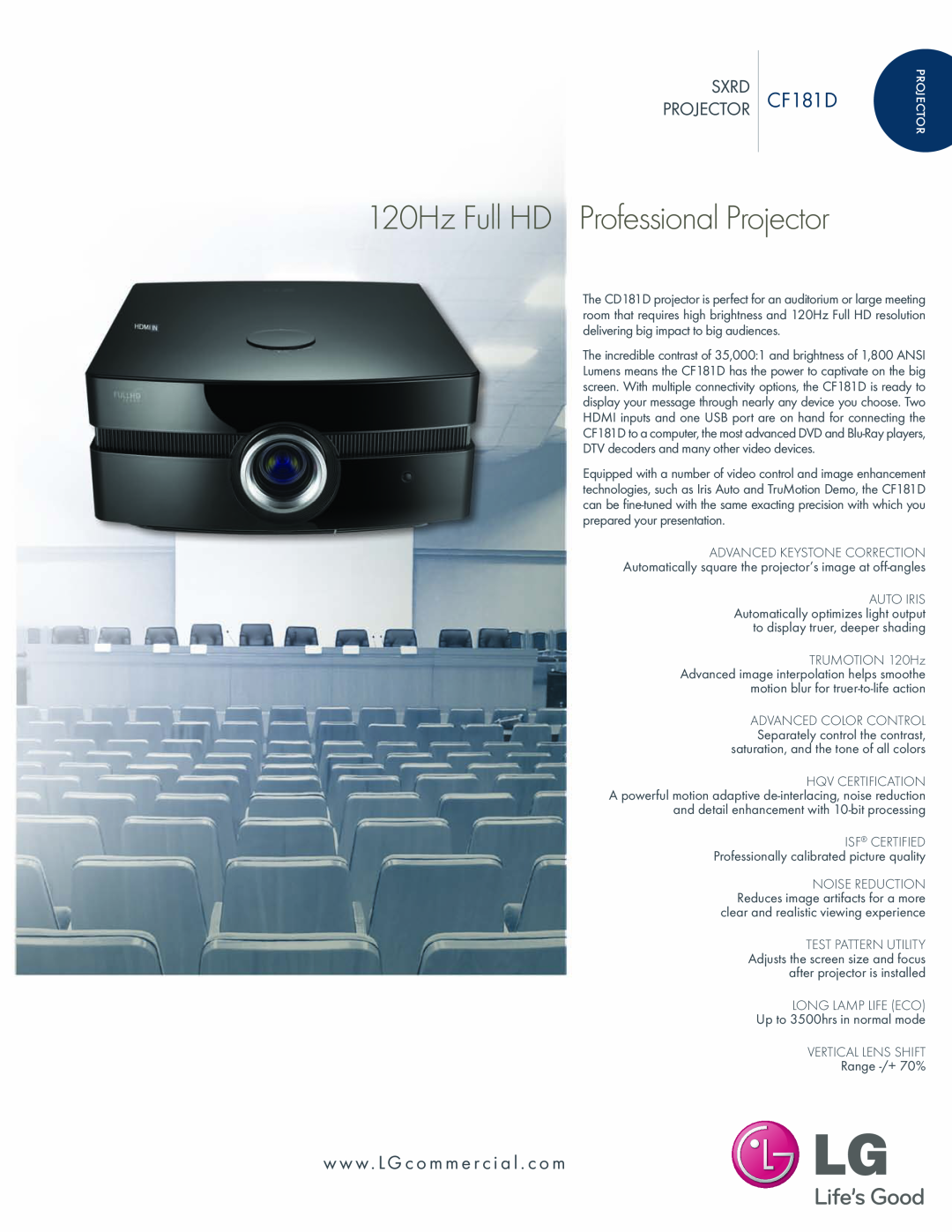 LG Electronics CD181D manual projector, 120Hz FullHD Professional Projector, w ww. LGcom m er cia l.c om, Range -/+ 70% 