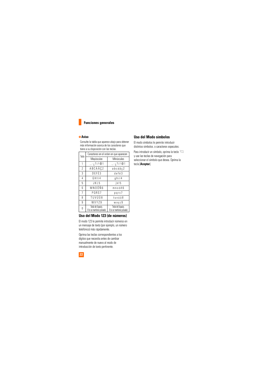 LG Electronics CE110 manual Uso del Modo símbolos, Funciones generales Aviso, Uso del Modo 123 de números 