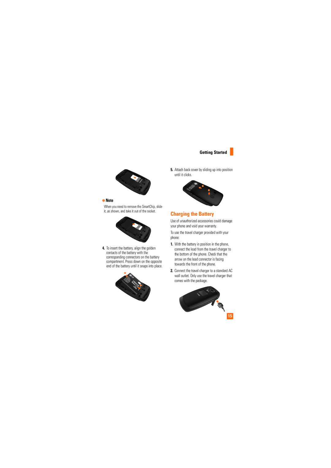 LG Electronics CE110 manual Charging the Battery, Getting Started, To use the travel charger provided with your phone 