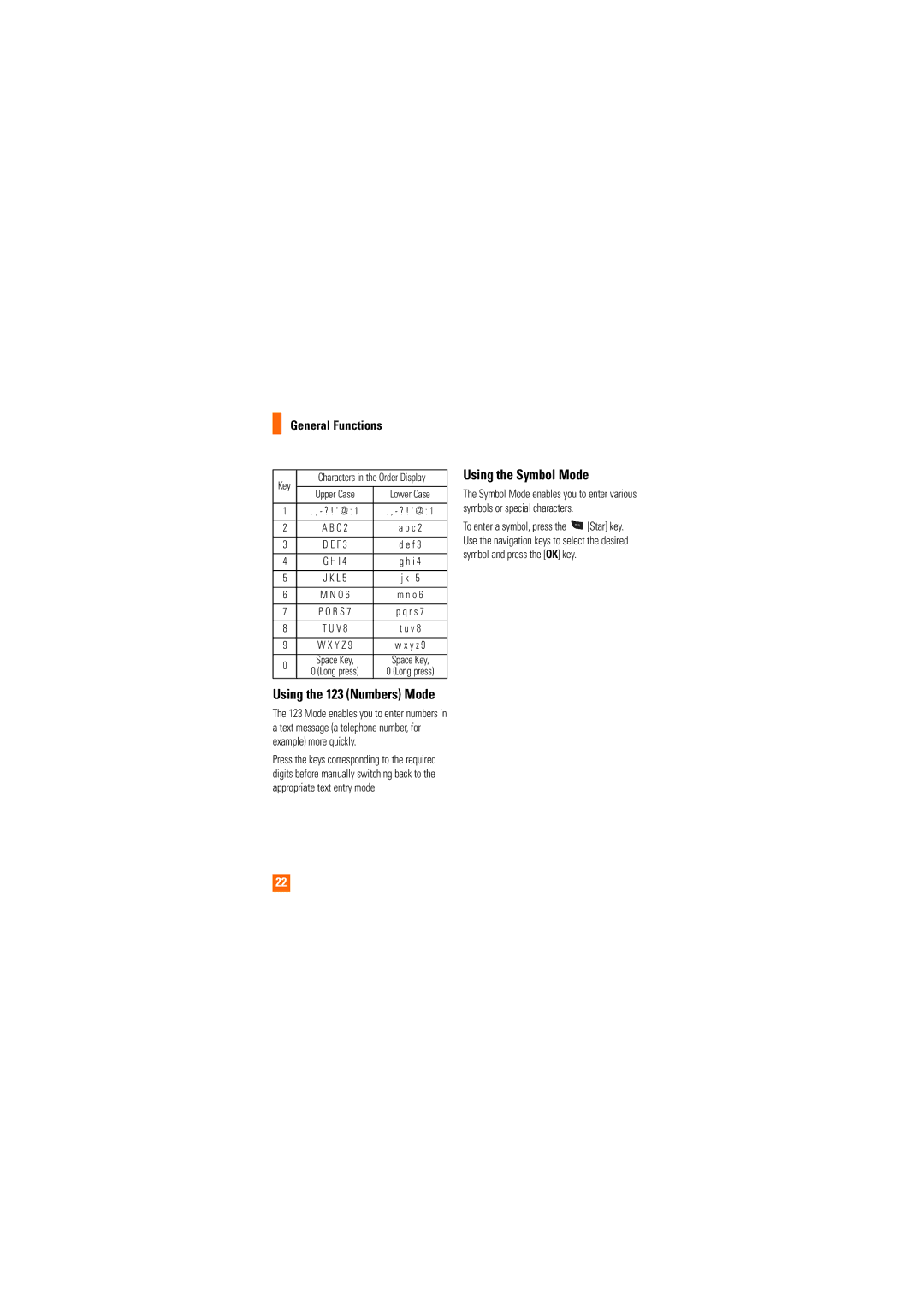 LG Electronics CE110 manual Using the Symbol Mode, Using the 123 Numbers Mode, Upper Case Lower Case 