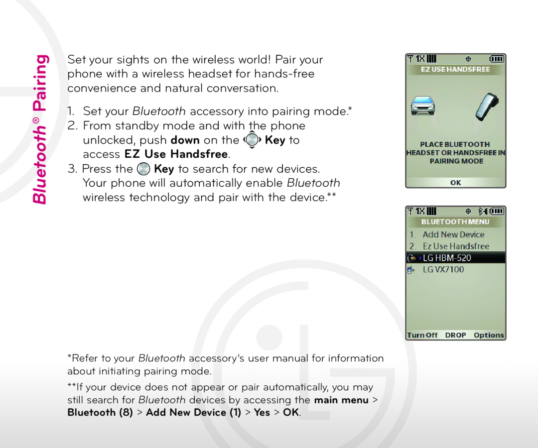 LG Electronics Cell Phone quick start Bluetooth Pairing, Access EZ Use Handsfree 