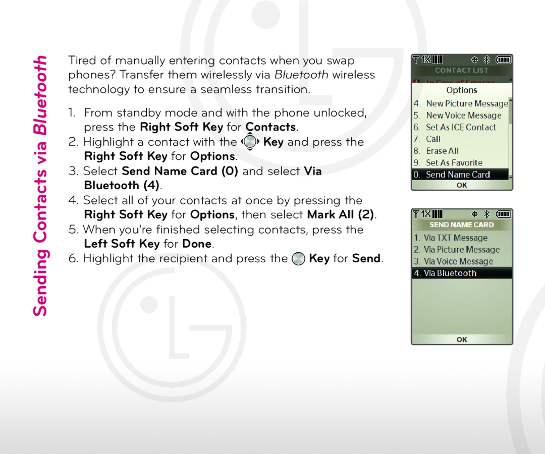 LG Electronics Cell Phone quick start Sending Contacts via Bluetooth, Select Send Name Card 0 and select Via Bluetooth 