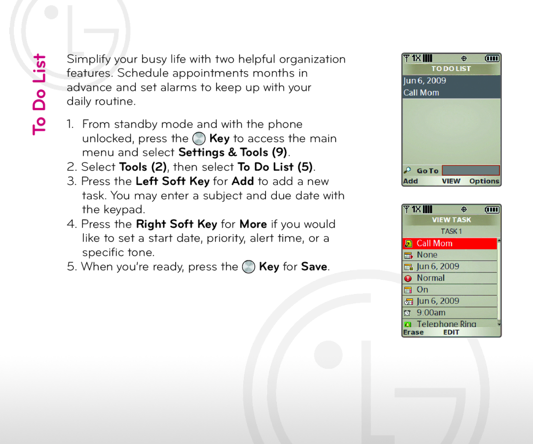 LG Electronics Cell Phone quick start Select Tools 2, then select To Do List 