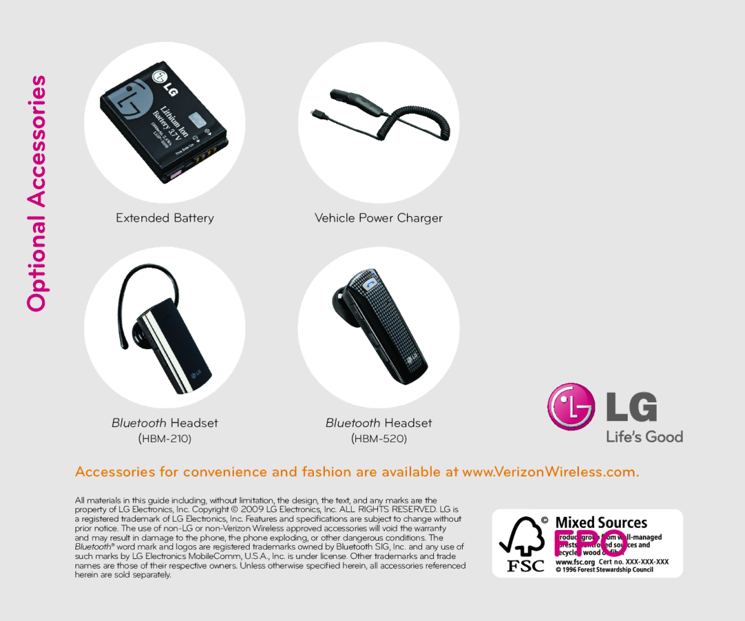 LG Electronics Cell Phone quick start Optional Accessories, Bluetooth Headset 