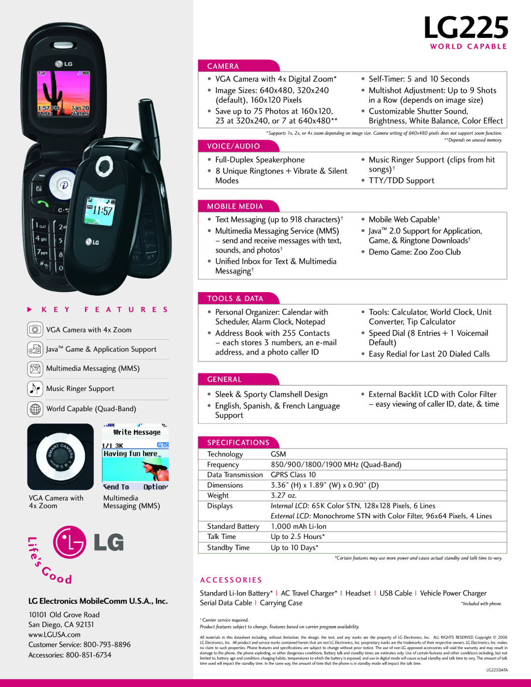 LG Electronics CG225 manual Customizable Shutter Sound 23 at 320x240, or 7 at, Java 2.0 Support for Application, Messaging 