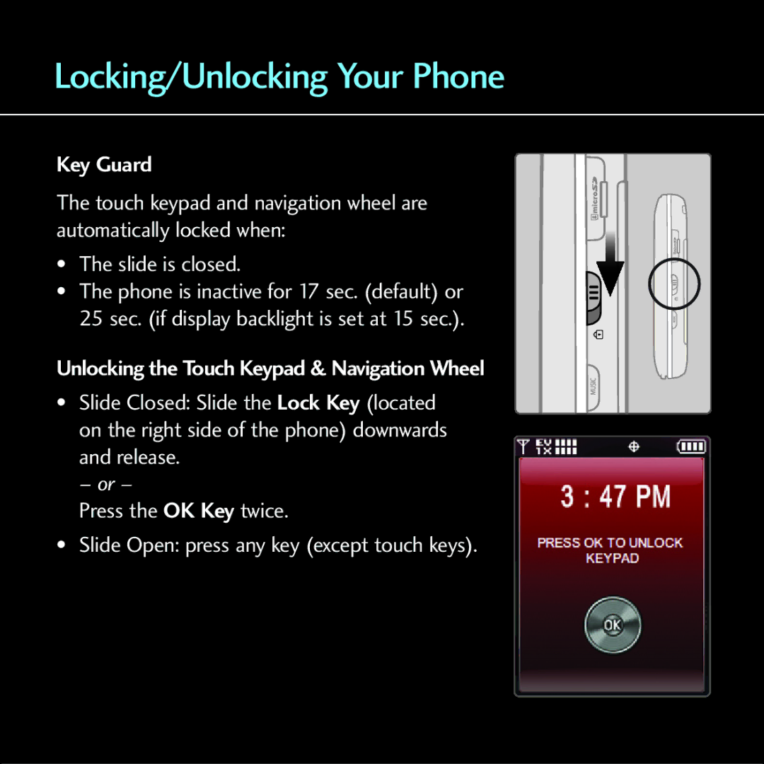 LG Electronics Chocolate - Blue Ice Locking/Unlocking Your Phone, Key Guard, Unlocking the Touch Keypad & Navigation Wheel 