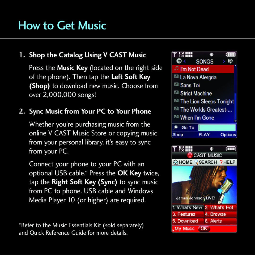 LG Electronics Chocolate - Blue Ice quick start How to Get Music, Shop the Catalog Using V Cast Music 