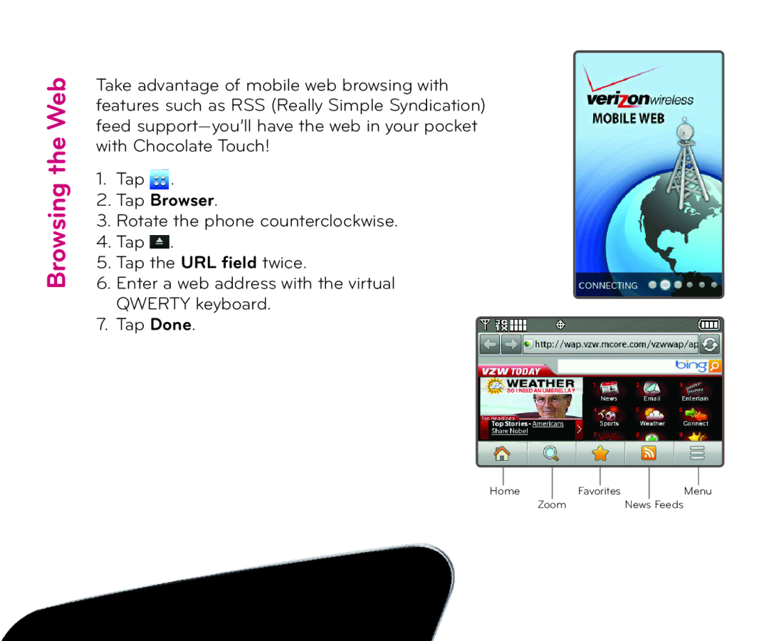LG Electronics Chocolate Touch quick start Browsing the Web, Tap Browser 