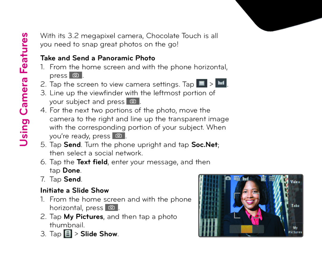 LG Electronics Chocolate Touch quick start Using Camera Features, Take and Send a Panoramic Photo, Initiate a Slide Show 