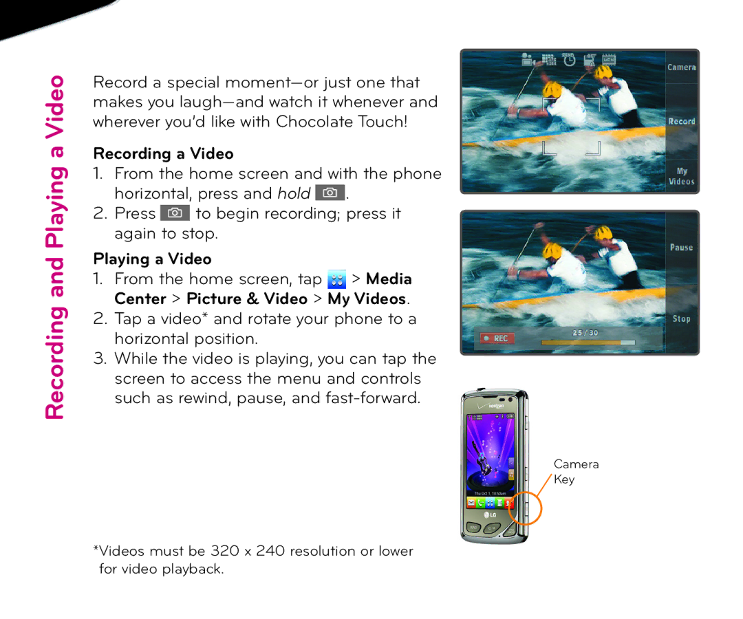 LG Electronics Chocolate Touch quick start Recording and Playing a Video, Recording a Video 