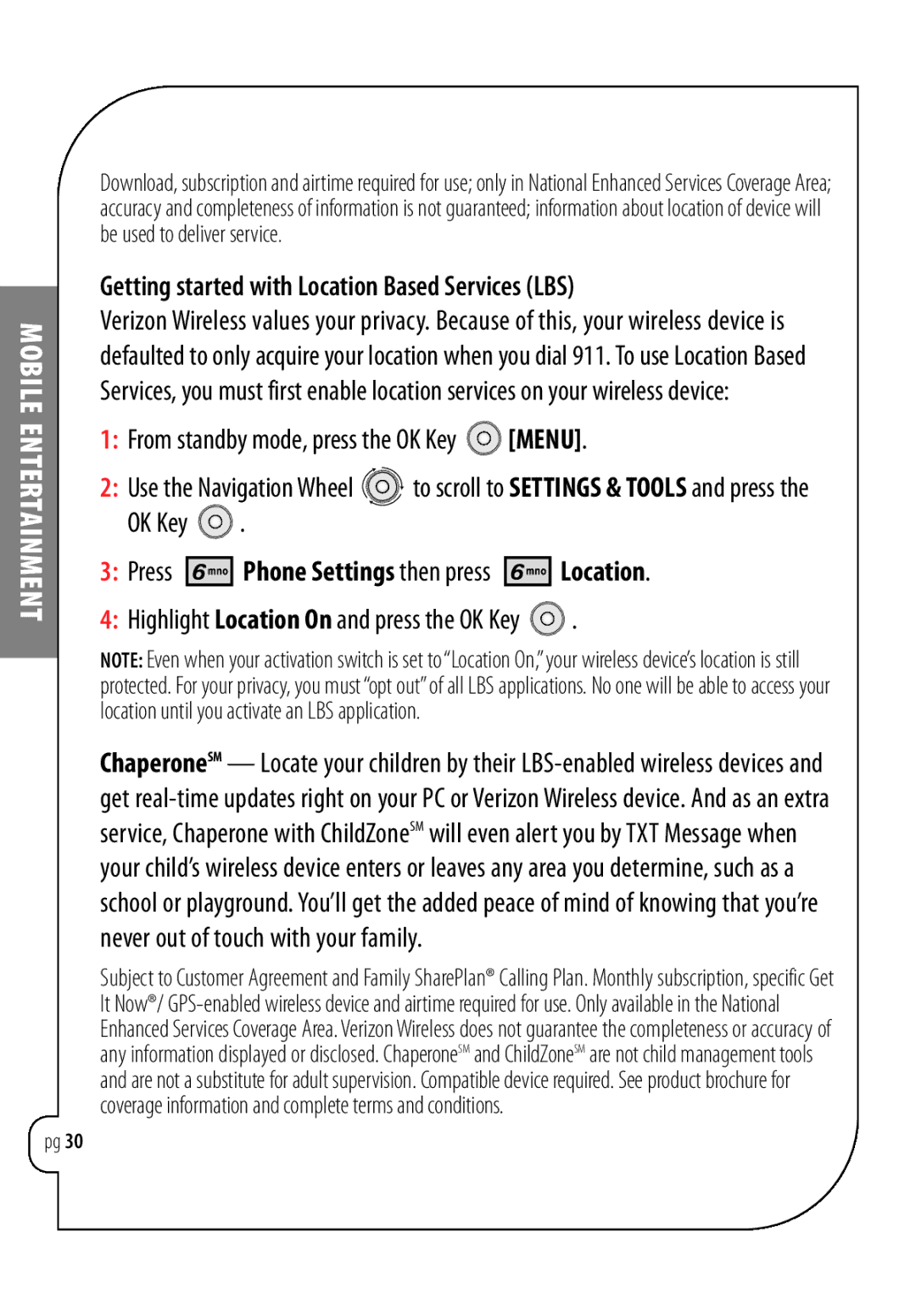 LG Electronics Chocolate manual Getting started with Location Based Services LBS, From standby mode, press the OK Key Menu 