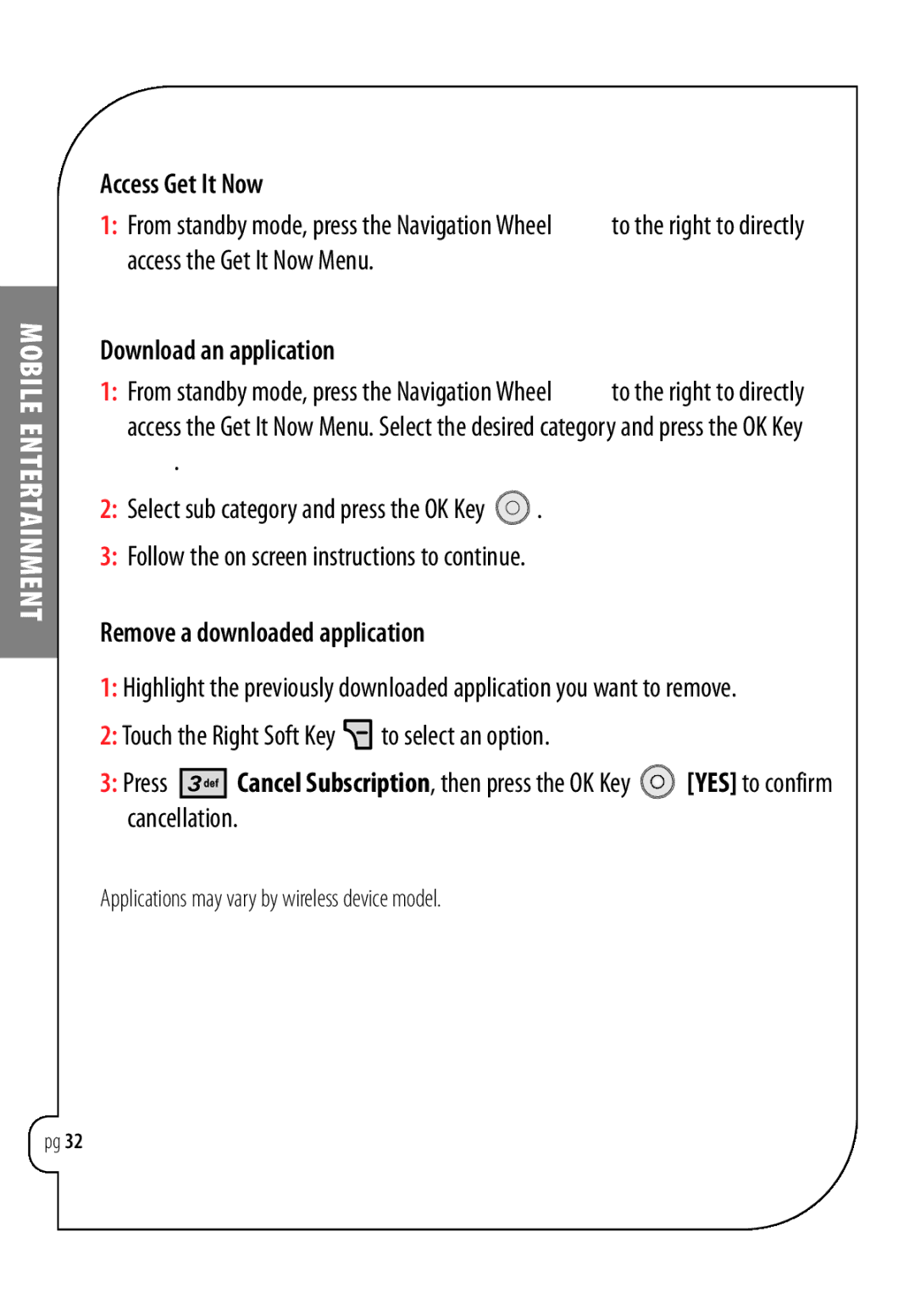 LG Electronics Chocolate manual Access Get It Now, Download an application, Remove a downloaded application 