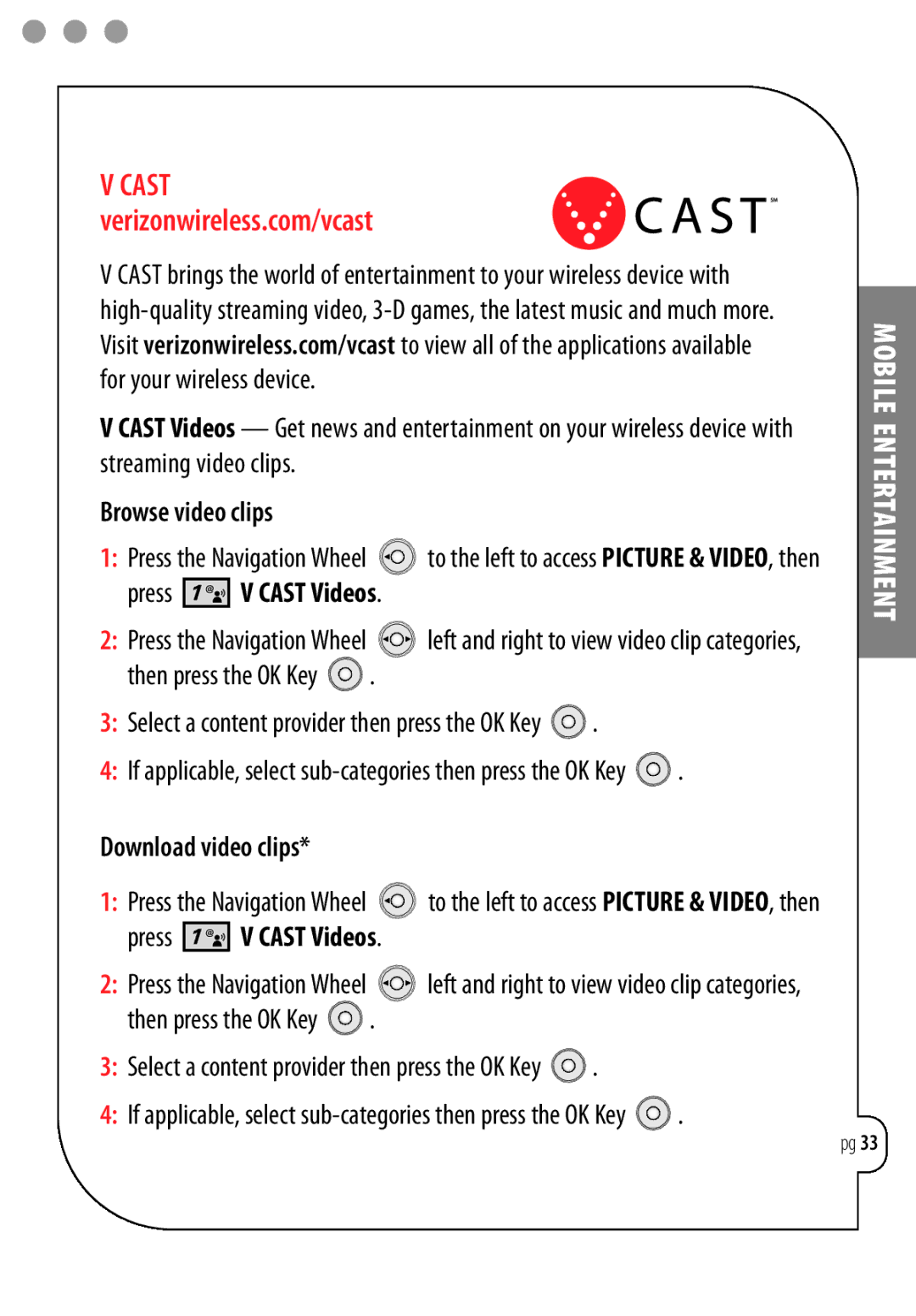 LG Electronics Chocolate manual Browse video clips, Press V Cast Videos, Download video clips 