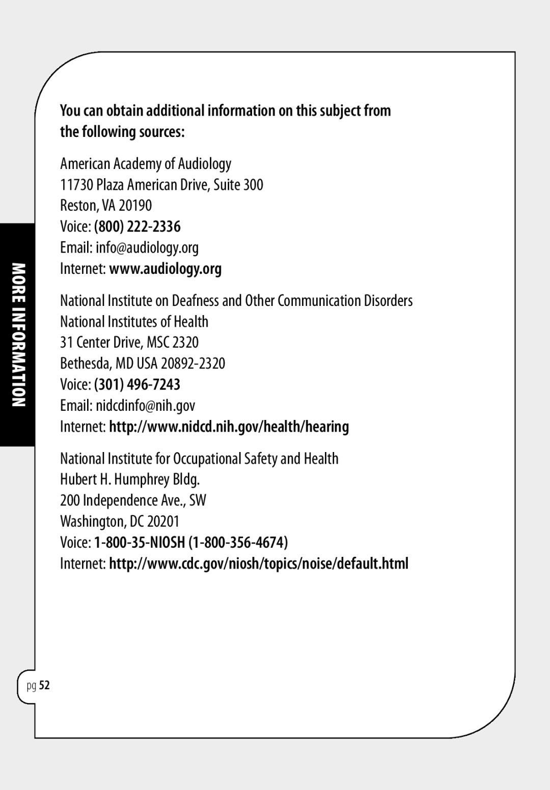 LG Electronics Chocolate manual Voice 800, Email info@audiology.org, Voice 1-800-35-NIOSH 