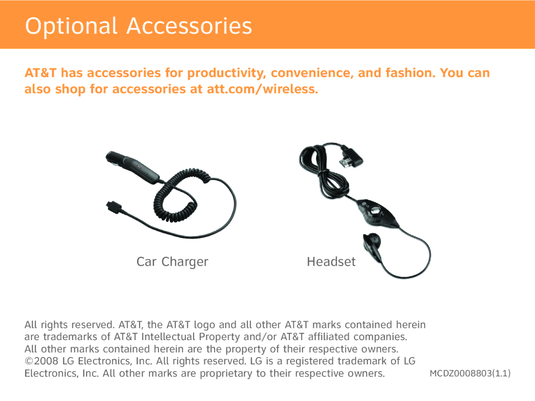 LG Electronics CP150 quick start Optional Accessories, Car Charger Headset 