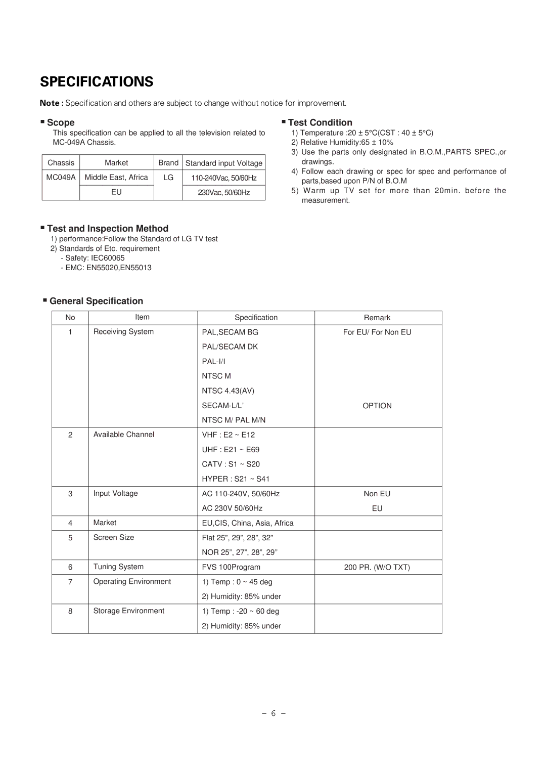 LG Electronics CT-29M65VE Specifications, Scope, Test Condition, Test and Inspection Method, General Specification 