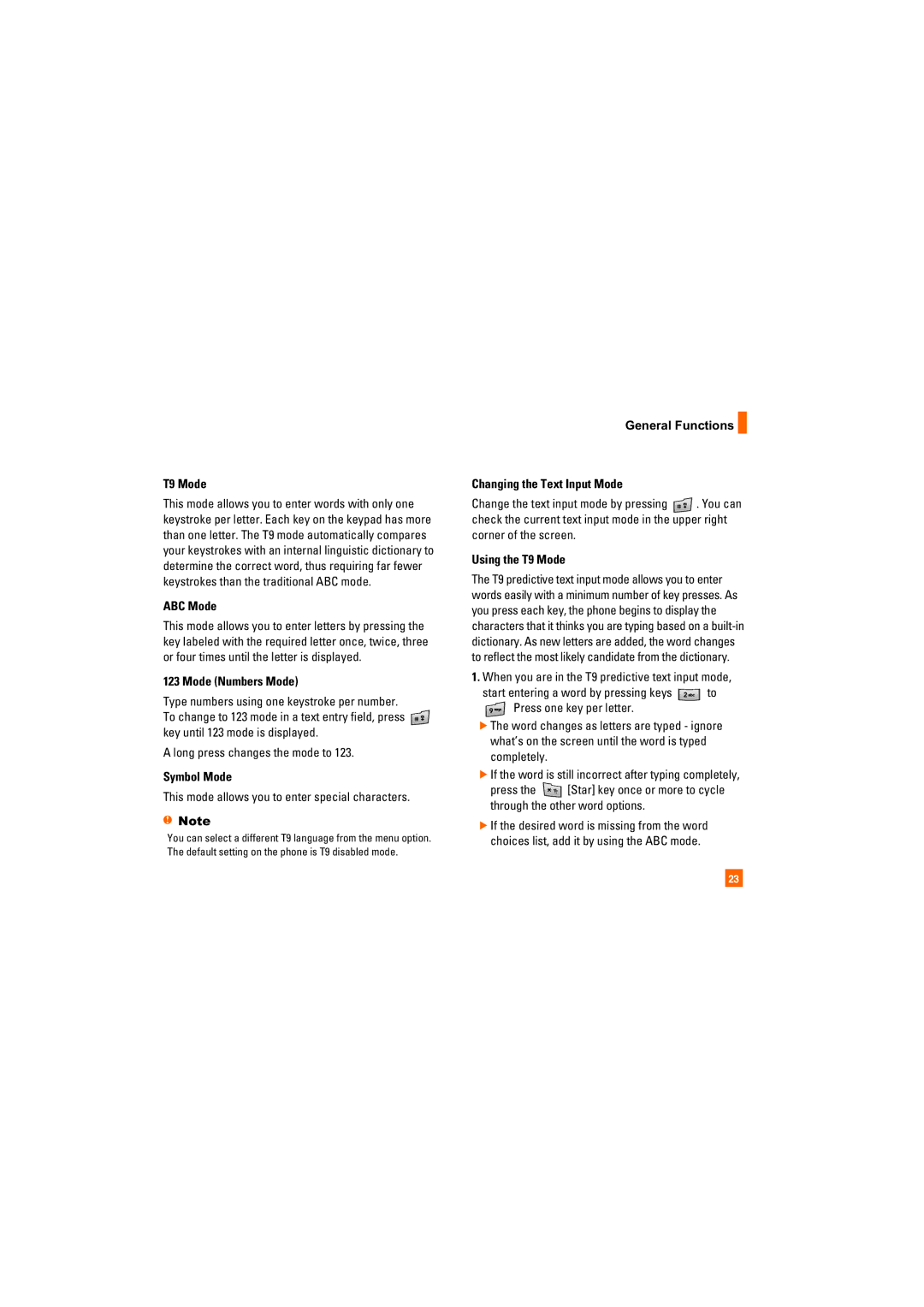 LG Electronics CU400 T9 Mode, ABC Mode, Mode Numbers Mode, Symbol Mode, General Functions Changing the Text Input Mode 