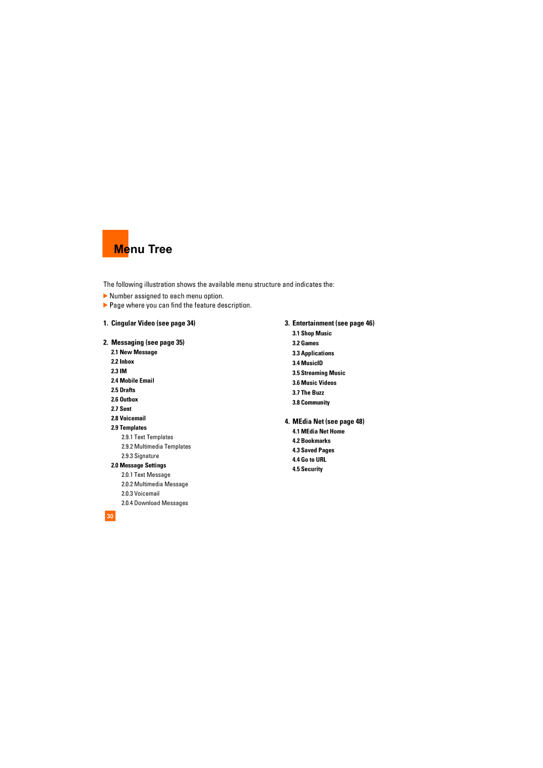 LG Electronics CU400 manual Menu Tree, Cingular Video see Messaging see, Entertainment see, MEdia Net see 