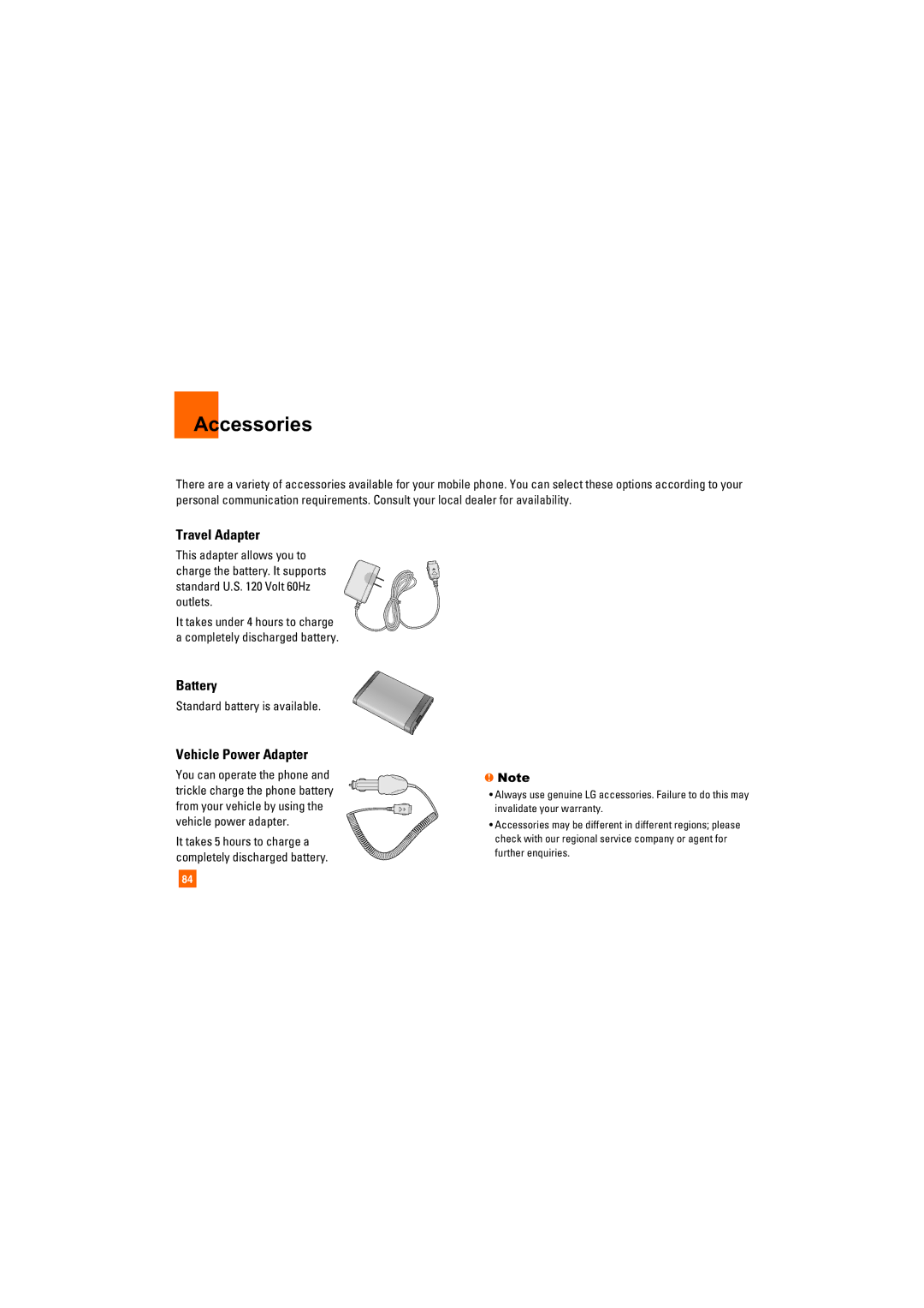 LG Electronics CU400 manual Accessories, Travel Adapter, Battery, Vehicle Power Adapter, Standard battery is available 