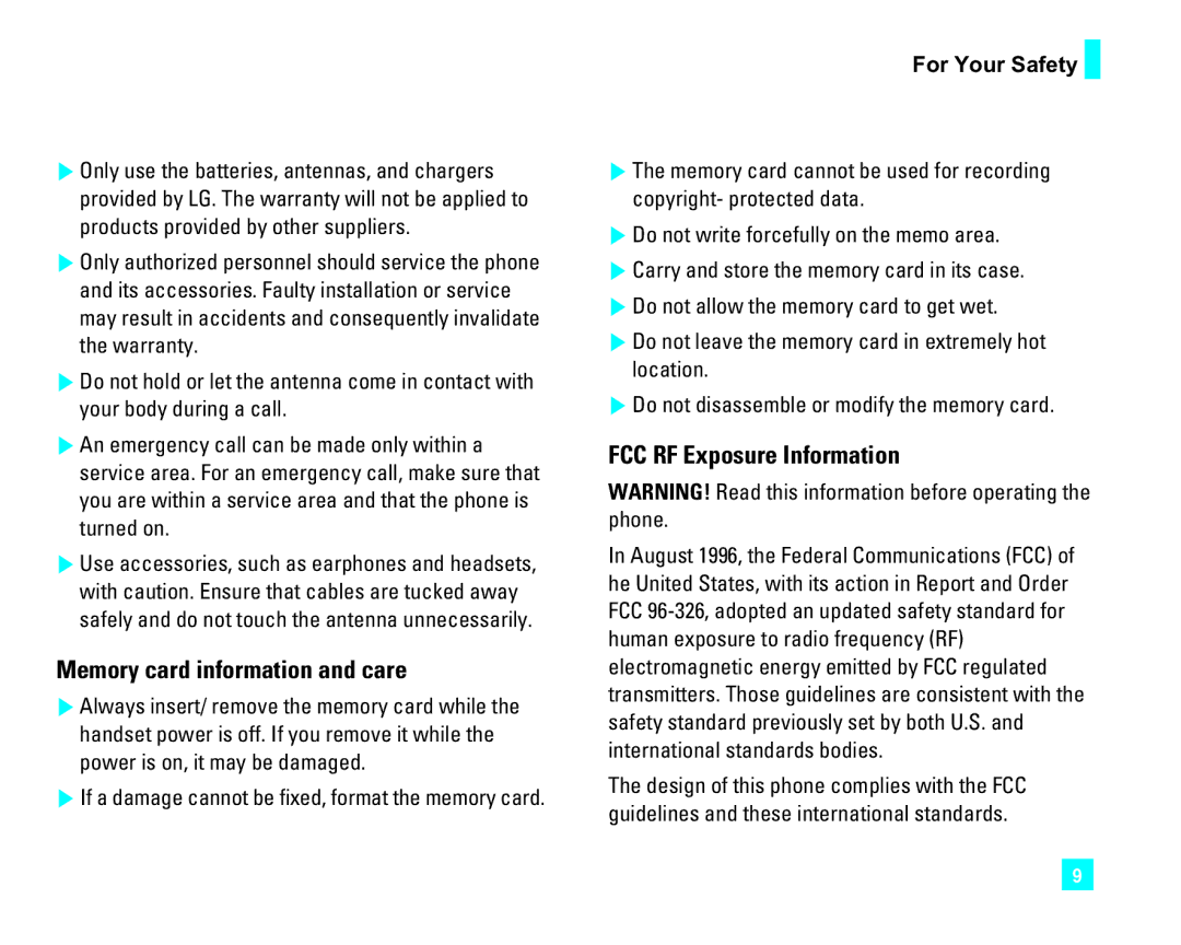 LG Electronics CU500 manual Memory card information and care, FCC RF Exposure Information 