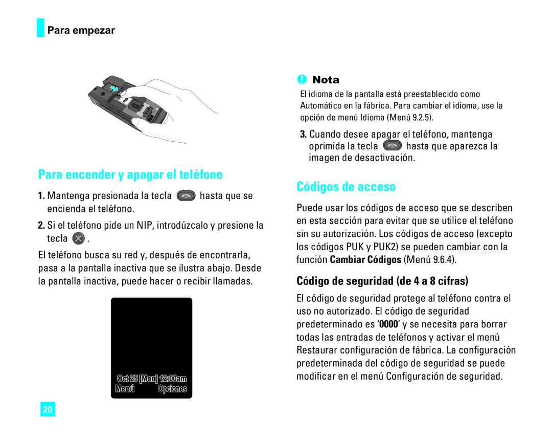 LG Electronics CU500 manual Para encender y apagar el teléfono, Códigos de acceso, Código de seguridad de 4 a 8 cifras 