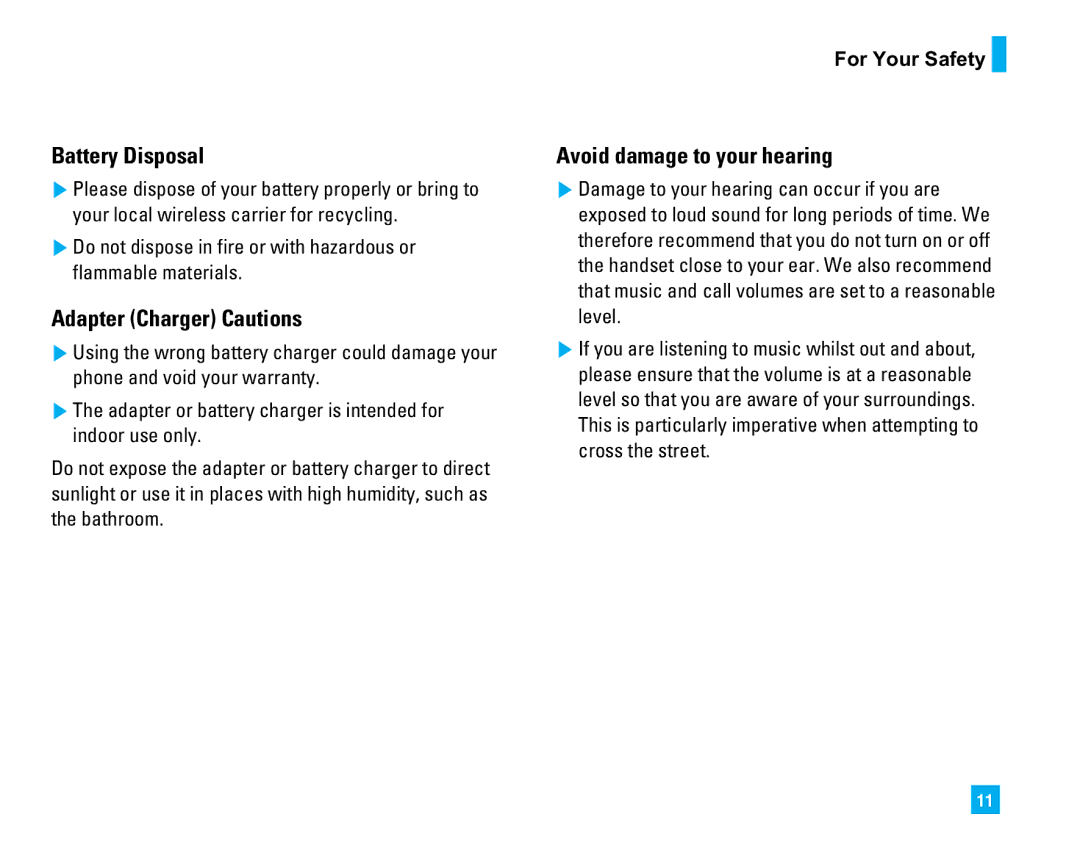 LG Electronics CU500 manual Battery Disposal, Adapter Charger Cautions, Avoid damage to your hearing 