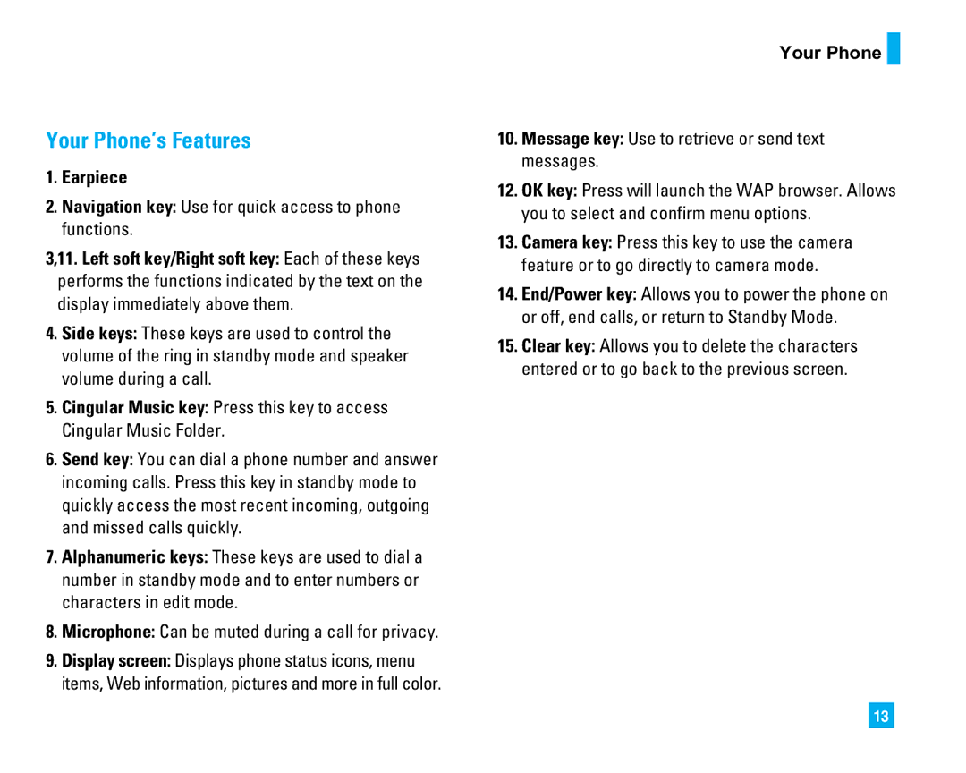 LG Electronics CU500 manual Your Phone’s Features, Earpiece, Navigation key Use for quick access to phone functions 