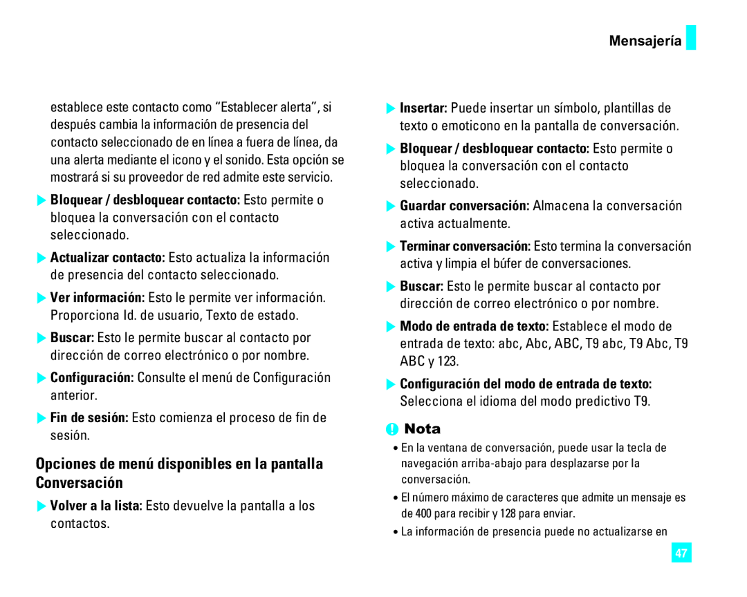 LG Electronics CU500 manual Opciones de menú disponibles en la pantalla Conversación 