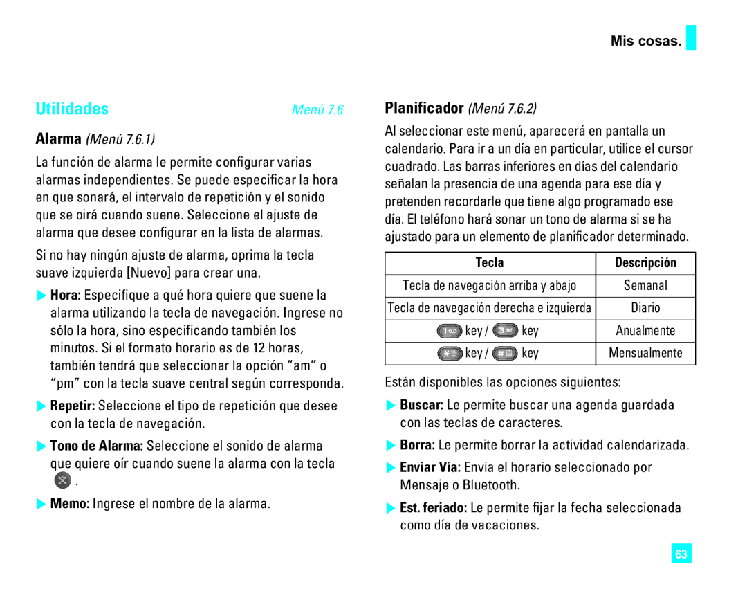 LG Electronics CU500 manual Utilidades, Planificador Menú, Alarma Menú 