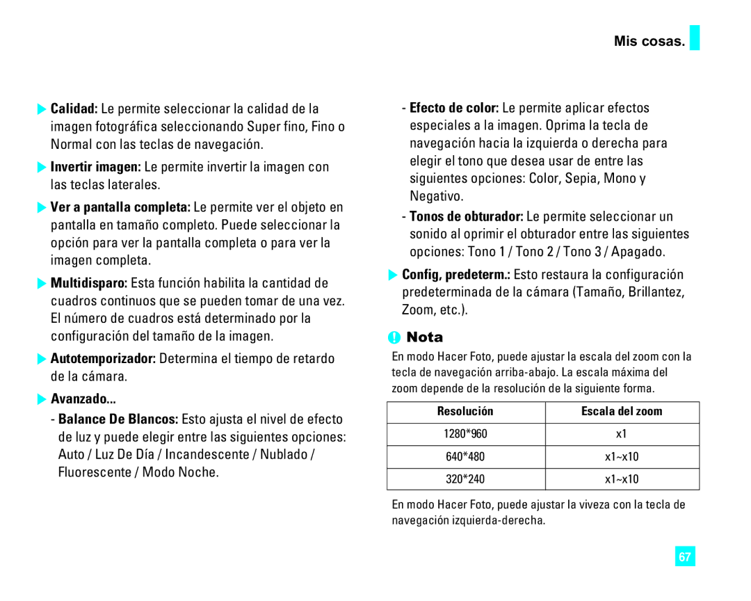 LG Electronics CU500 manual Avanzado, Resolución Escala del zoom 