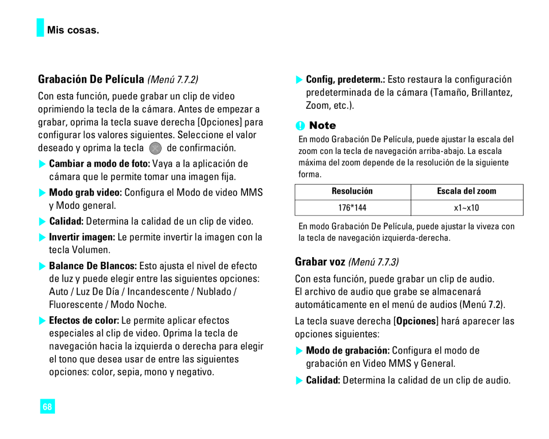 LG Electronics CU500 manual Grabación De Película Menú, Deseado y oprima la tecla de confirmación, Grabar voz Menú 