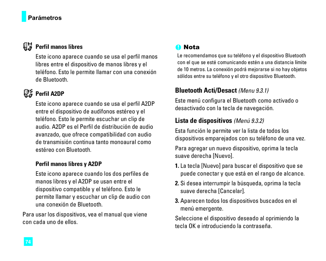 LG Electronics CU500 Bluetooth Acti/Desact Menu, Lista de dispositivos Menú, Parámetros Perfil manos libres, Perfil A2DP 