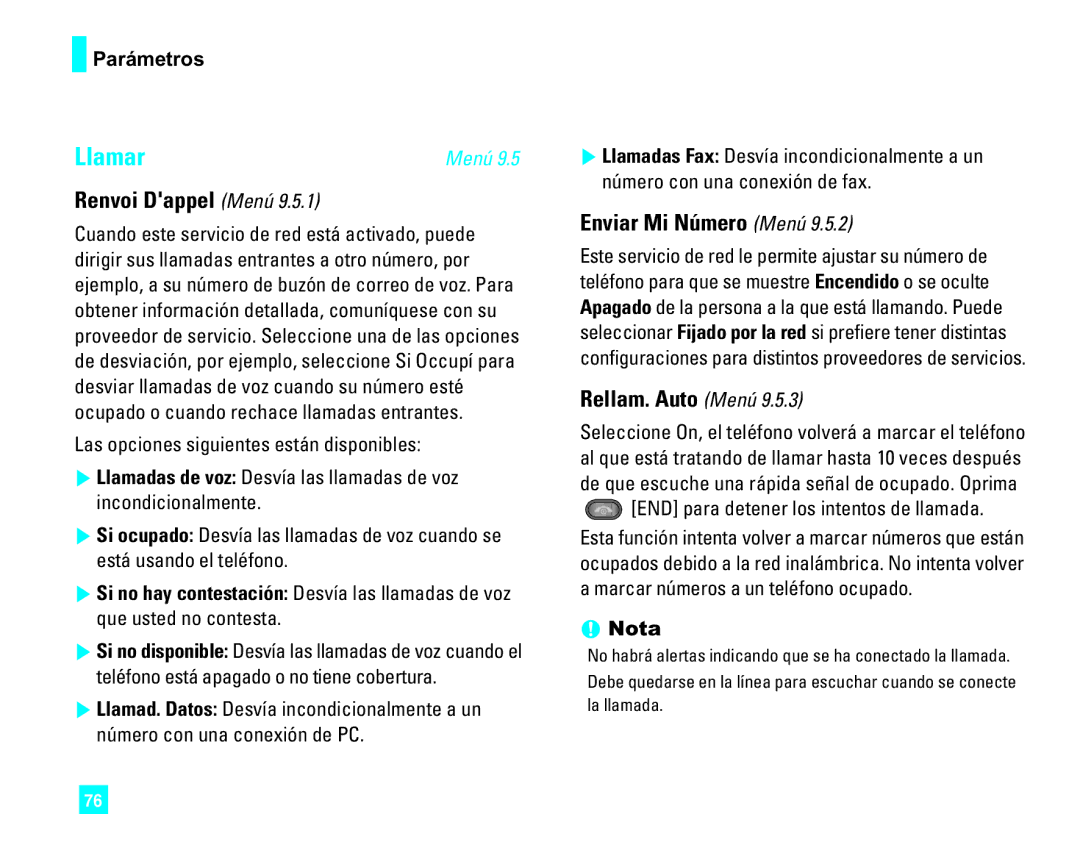 LG Electronics CU500 manual Llamar, Renvoi Dappel Menú, Enviar Mi Número Menú, Rellam. Auto Menú 