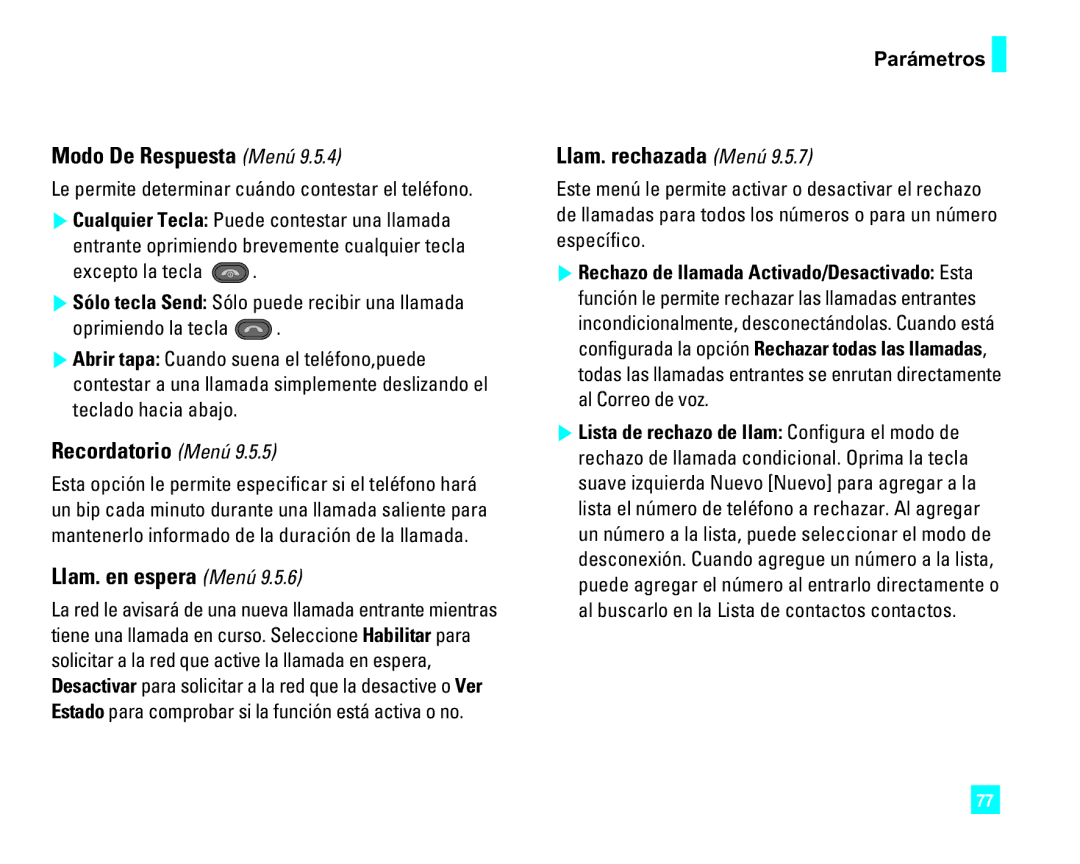 LG Electronics CU500 manual Modo De Respuesta Menú, Recordatorio Menú, Llam. en espera Menú, Llam. rechazada Menú 