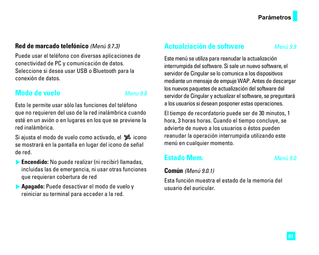 LG Electronics CU500 Modo de vuelo, Actualziación de software, Estado Mem, Red de marcado telefónico Menú, Común Menú 