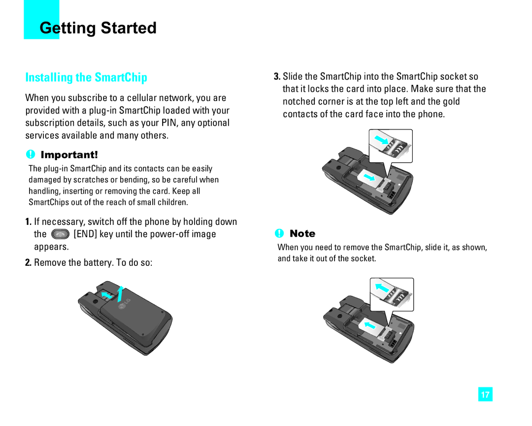 LG Electronics CU500 manual Getting Started, Installing the SmartChip 