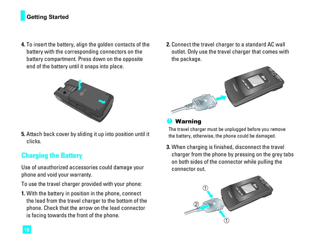 LG Electronics CU500 manual Charging the Battery, Getting Started 