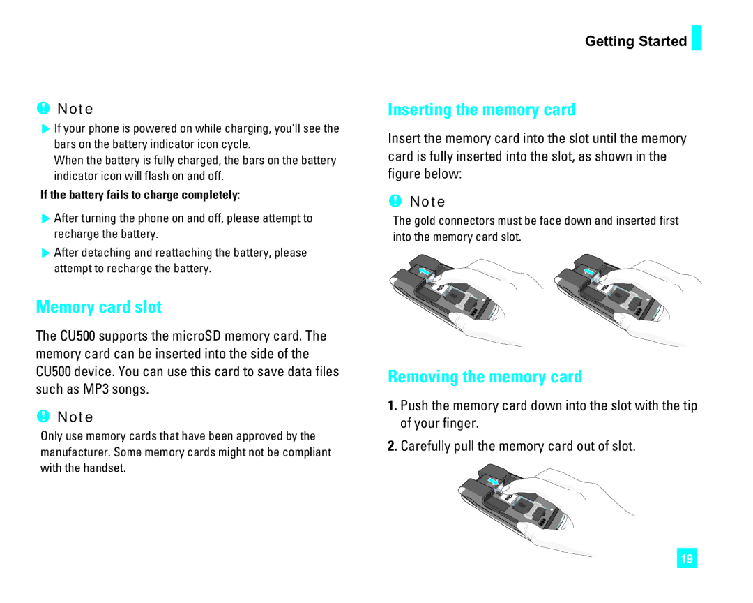 LG Electronics CU500 manual Memory card slot, Inserting the memory card, Removing the memory card 