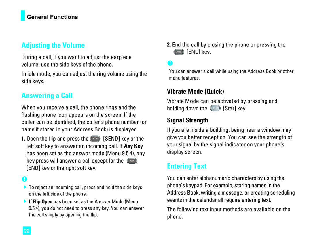 LG Electronics CU500 manual Adjusting the Volume, Answering a Call, Entering Text, Vibrate Mode Quick, Signal Strength 