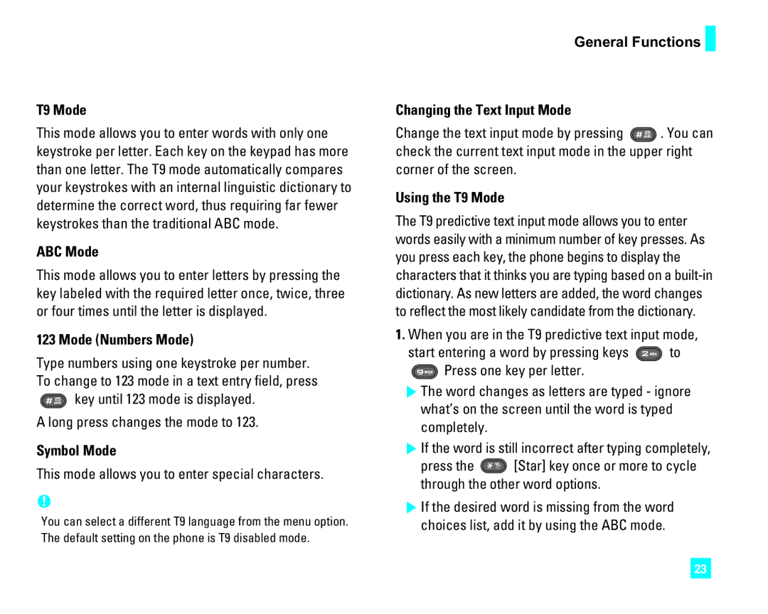 LG Electronics CU500 T9 Mode, ABC Mode, Mode Numbers Mode, Symbol Mode, General Functions Changing the Text Input Mode 