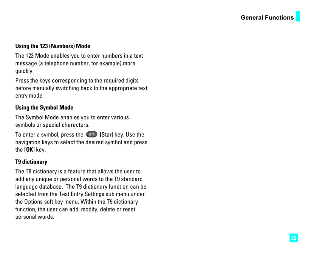 LG Electronics CU500 manual General Functions Using the 123 Numbers Mode, Using the Symbol Mode, T9 dictionary 